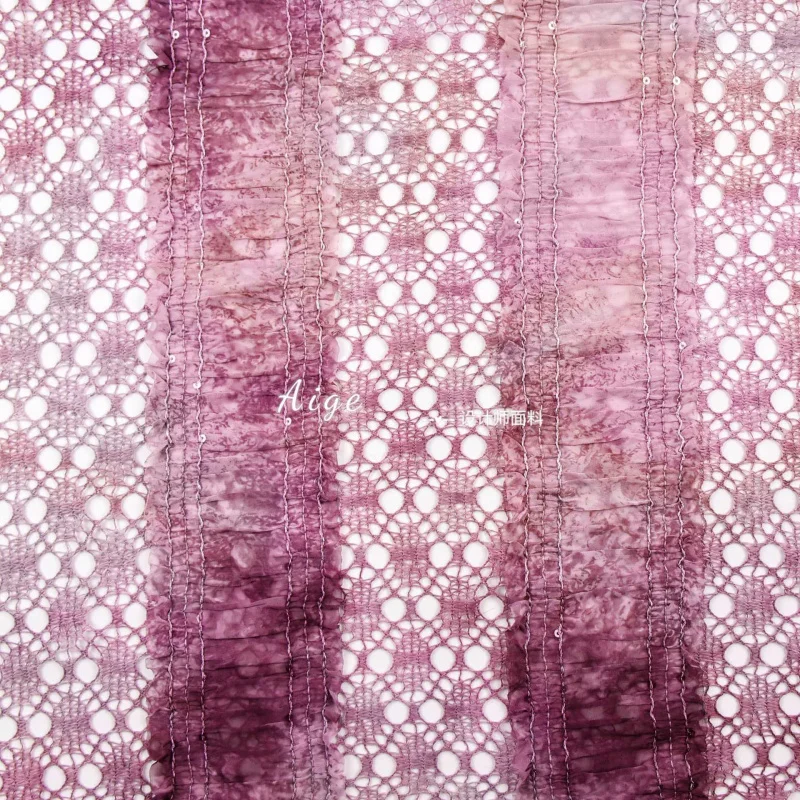 Skin-friendly Draped Hollow Out Purple Red Tie-Dye Striped Sequin Embroidered Mesh Lace Chiffon Fabric Skirt Fabric