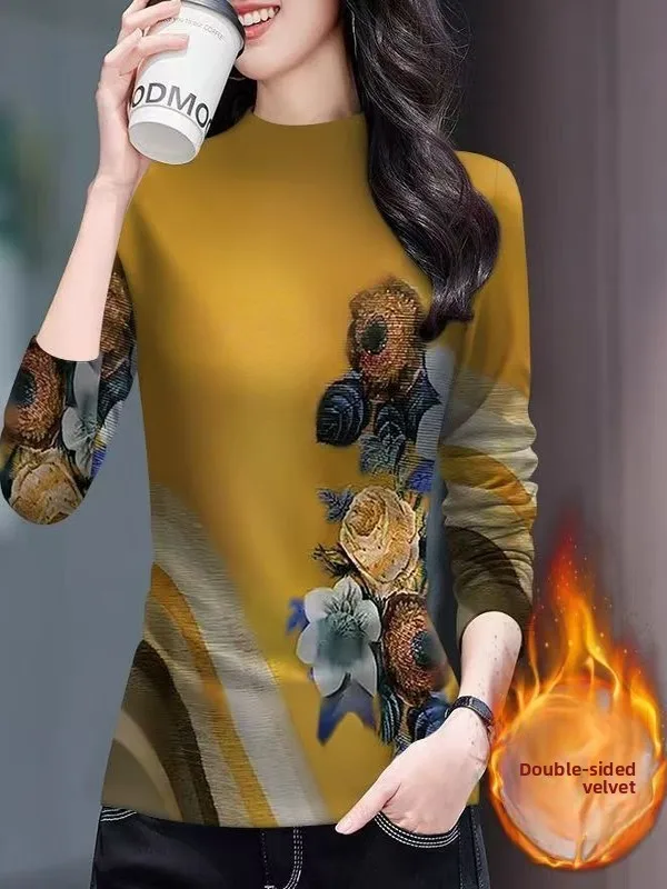 

Модная двусторонняя флисовая футболка с принтом, длинным рукавом и воротником-стойкой для мам, теплая универсальная футболка из полиэфирного волокна