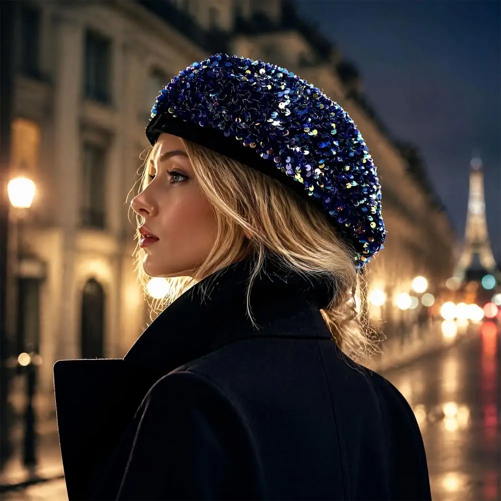 Women Sequined Beret Hat Sparkly Retro Artist Cap Stylish Classic Cap Adjustable Painter Cap for Street Party Daily Wear
