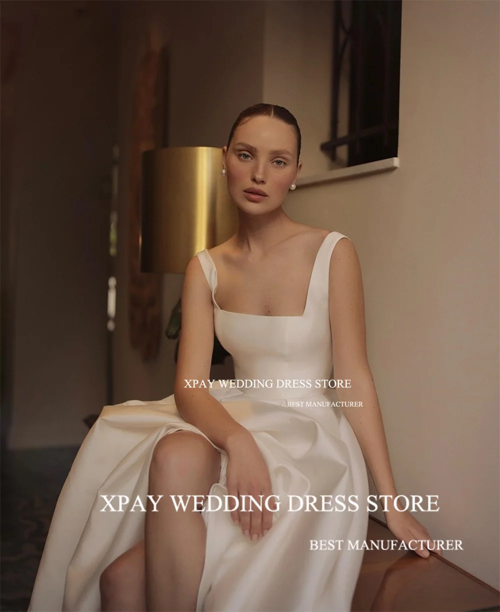 XPAY Elegant Square Neck A Line Wedding Dresses Wide Straps Sleeveless Bridal Gown Open Back Pleats Customised Bride Dress