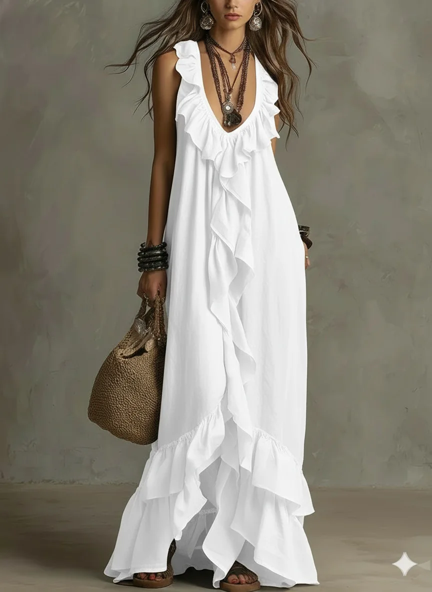 2026 Sexy Tiefer V-Ausschnitt Rüschen Lockeres Langes Kleid Damen Frühling Lässiges Einfarbiges Party Maxikleid Neues Sommer Ärmelloses Strandkleid