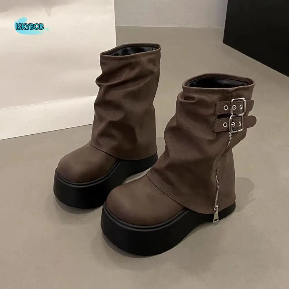 

New Design Women Biker Boots Belt Buckle Y2K Punk Women's Knee High Booties Gladiator Street Style Mid Pipe Booties Ladies