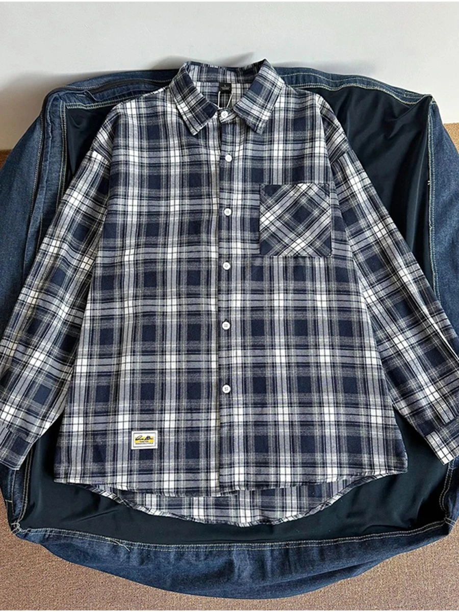 

Men's Plaid Shirt Long Sleeve Checkered Inner Wear Vintage American Style Spring Early Lightweight Outerwear Casual Fashion