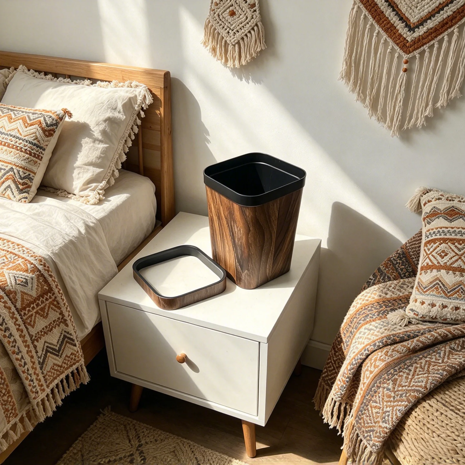 Elegant Wood‑Tone Small Waste Container 2‑Pack 7L, Square Open‑Top Home Accent Bin with Bag Retaining Rim for Vanity, Bedroom & Guest Room