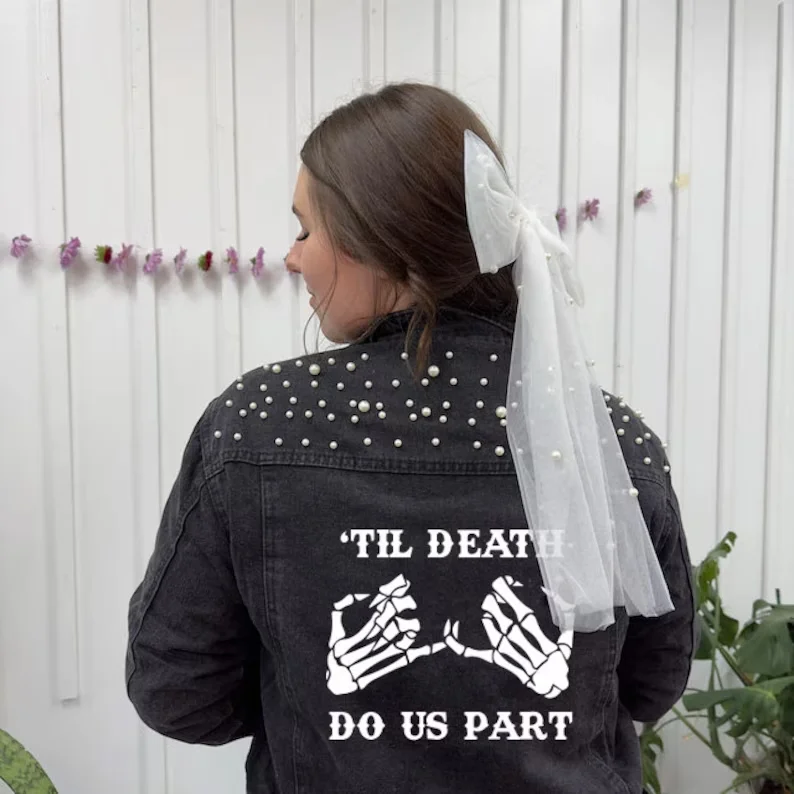 Black Pearl Customized Wedding Denim Jacket Til Death Do Us Part Gothic Bride Blue Pearl Jacket Gifts Personalised Wedding Coat