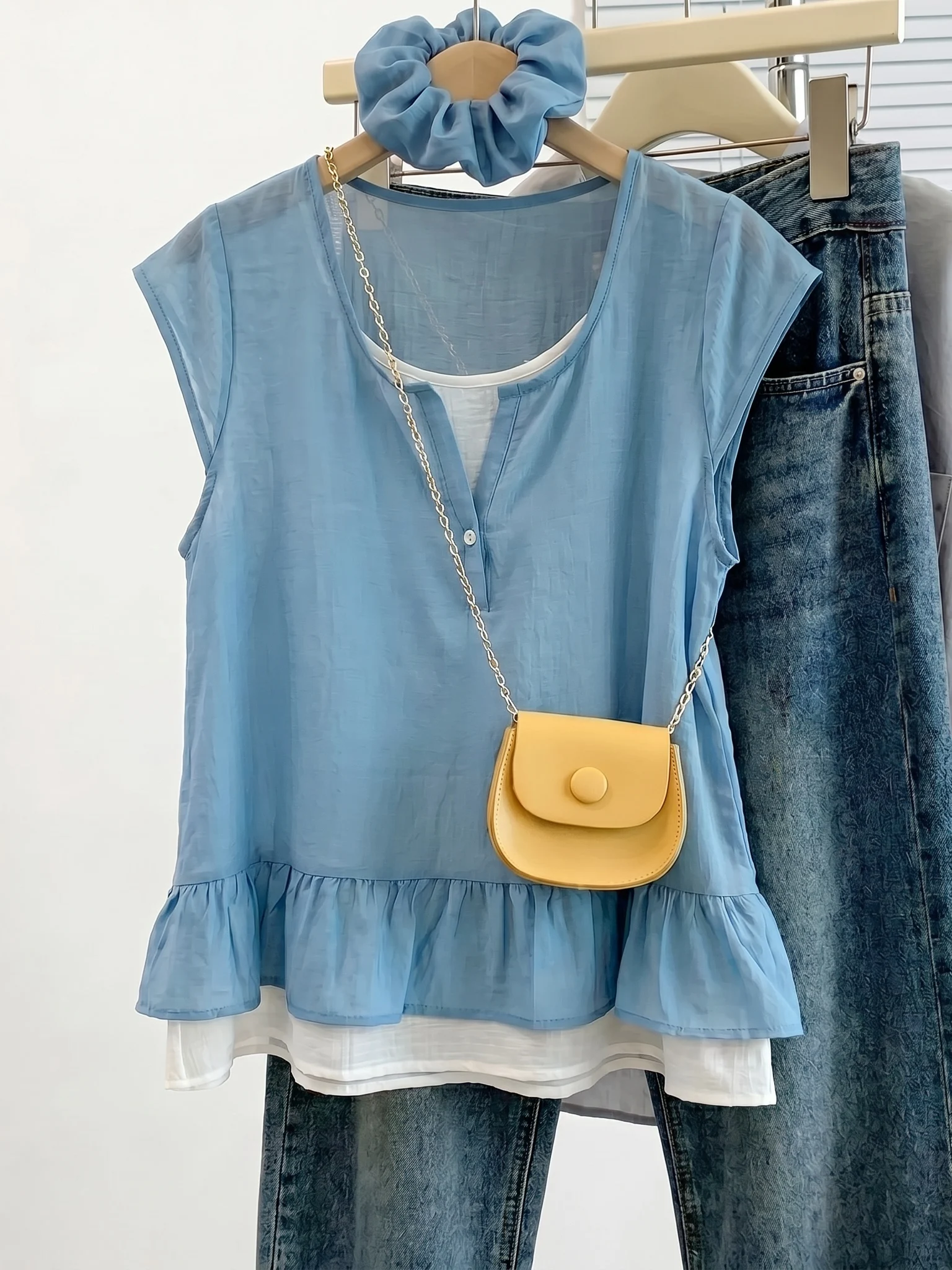 

Light Blue Women's Shirt Shoulder Length Korean Style Commute Fashion Loose Fit Fake Two-Piece Design Summer New Arrival