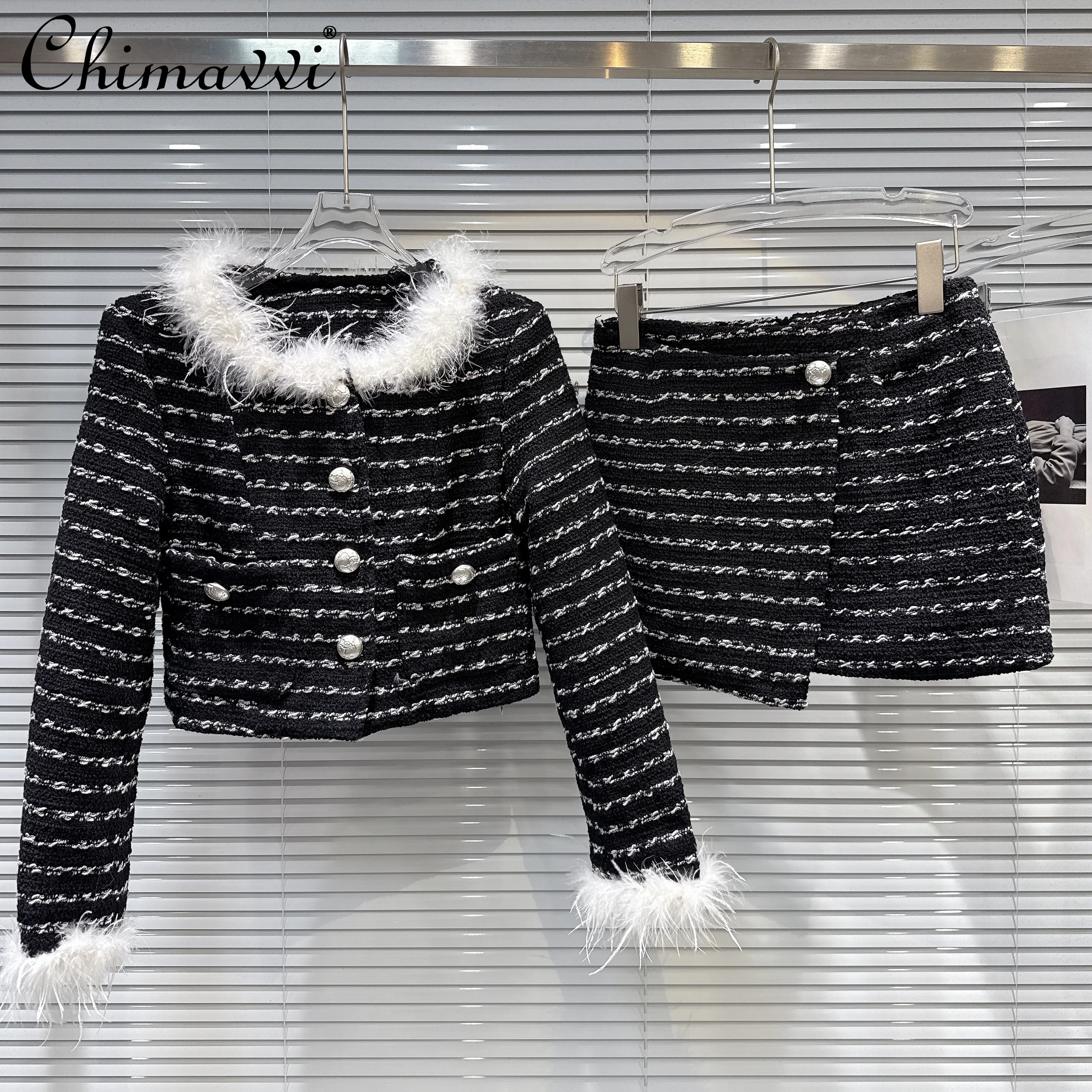 

Французская элегантная светская стеганая куртка с перьями в стиле пэчворк, твидовая короткая юбка с высокой талией, комплект из двух предметов для женщин, зима