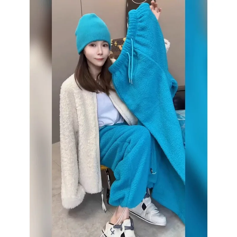 سراويل كاجوال قطيفة سميكة باللون الأزرق للنساء، ملابس خارجية مقاومة للرياح، سراويل دافئة ضيقة واسعة الساق #2