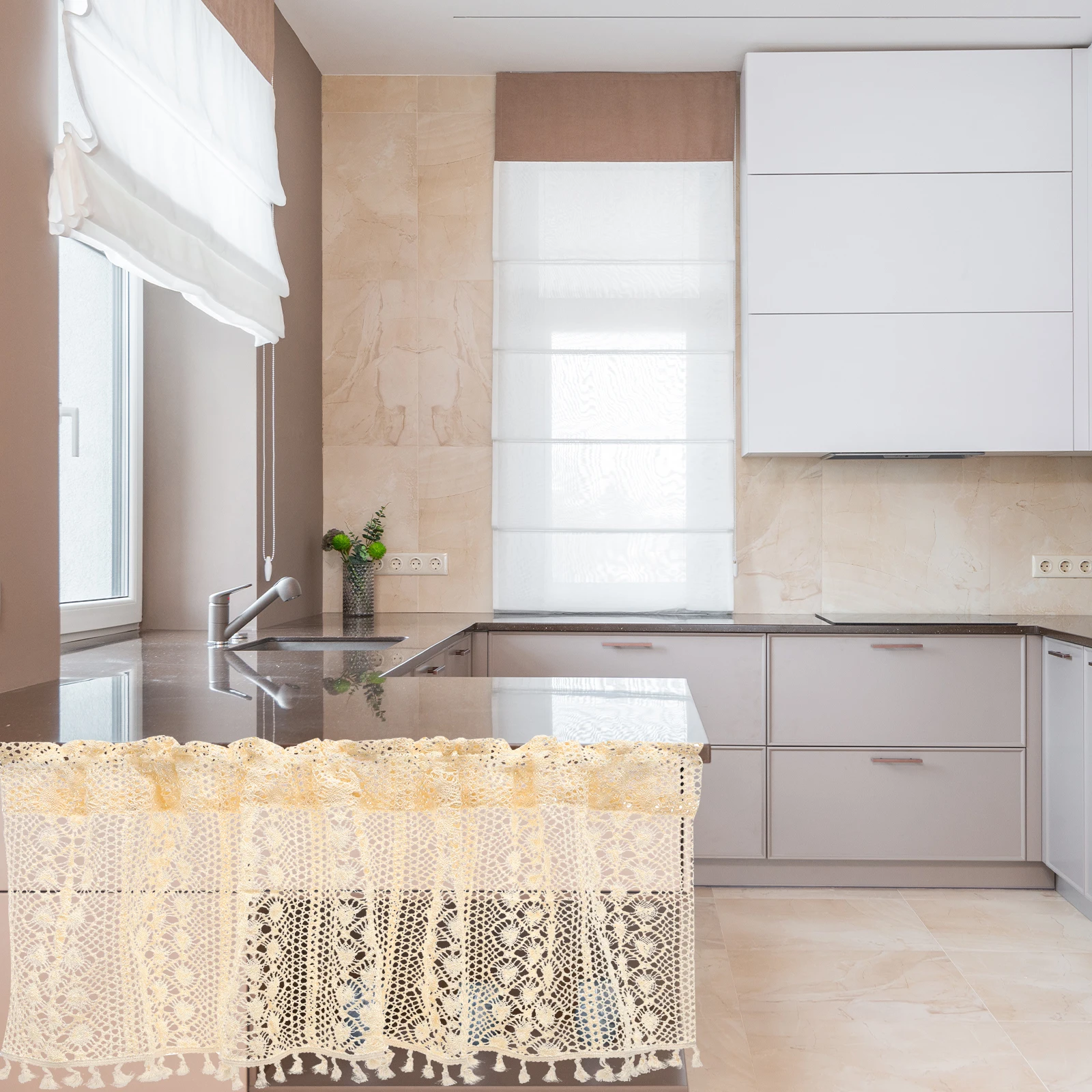 

Crochet Curtain White Sheer Drapes for Windows Kitchen Over Sink Small Curtains Bohemian Decor Tassel Texture Easy Install