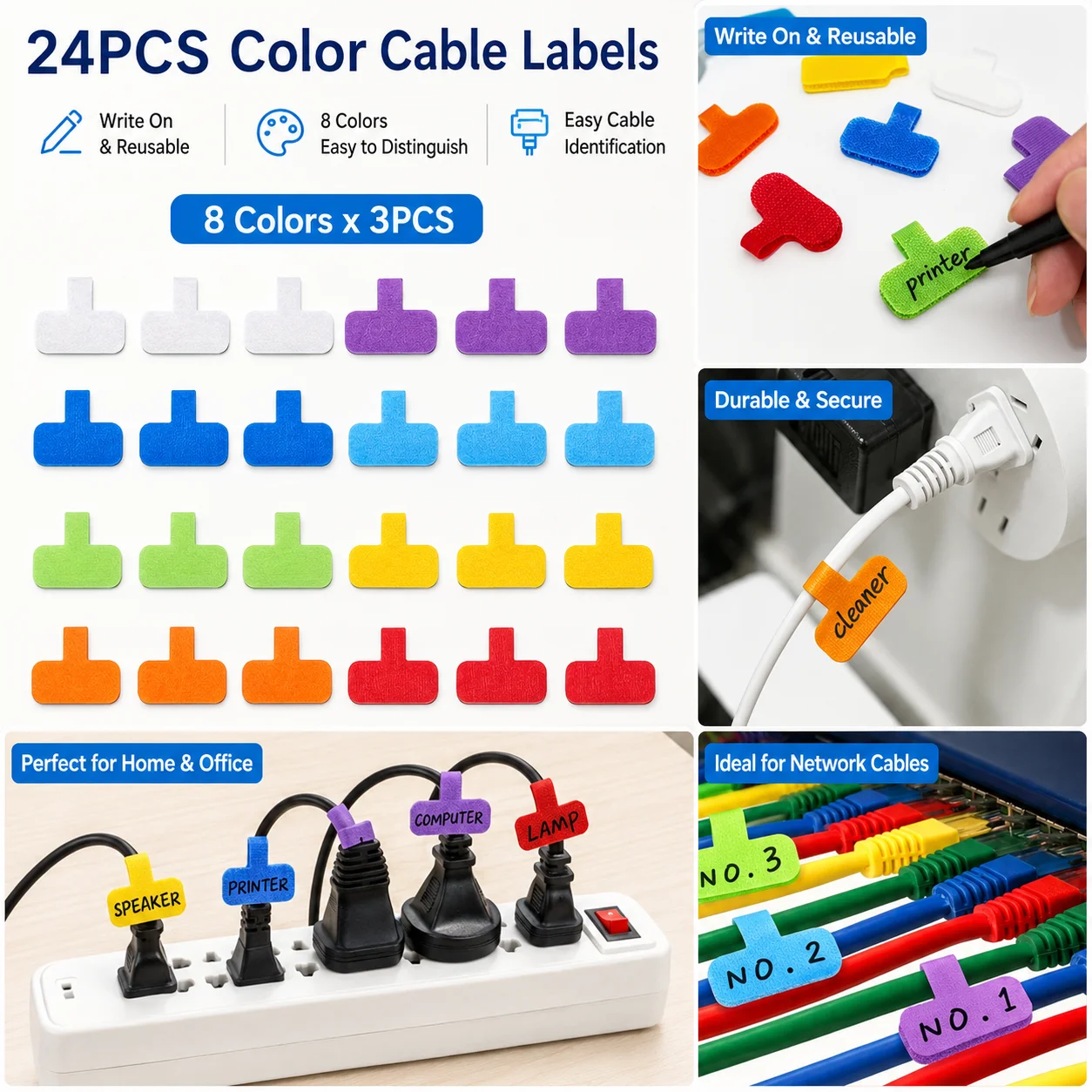 24PCS Colorful Cable Labels Write On Cord Tags Hook Loop Wire Organizer for Computer Charger Network Cords