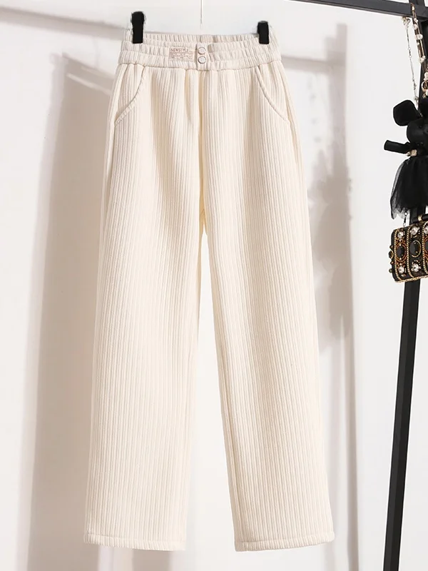 Pantalones de pierna ancha con forro de Fce blanco para mujer, pantalones informales de cintura alta para otoño e invierno, pantalones holgados drapeados para mujer