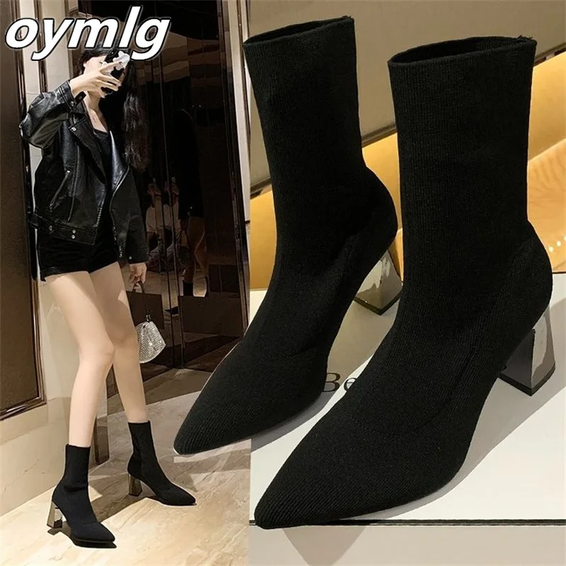 

Pointed Thick Heel Short Boots for Women 2023 New Summer High Heel Boots Versatile Knitted Elastic Boots for Women