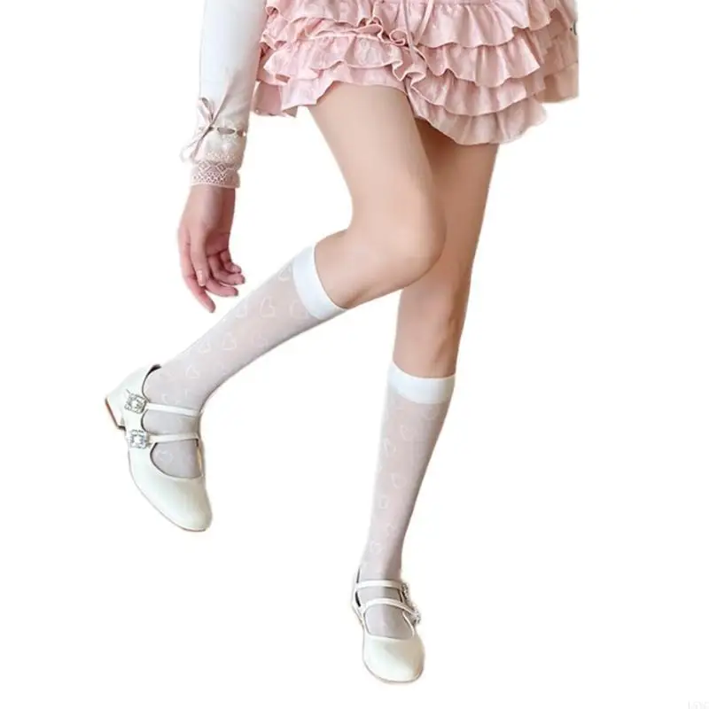 

L5YC Japanese Summer Silk Long Stockings for Women JK Girl Student Heart Patterned Sweet Solid Over the Calf Socks