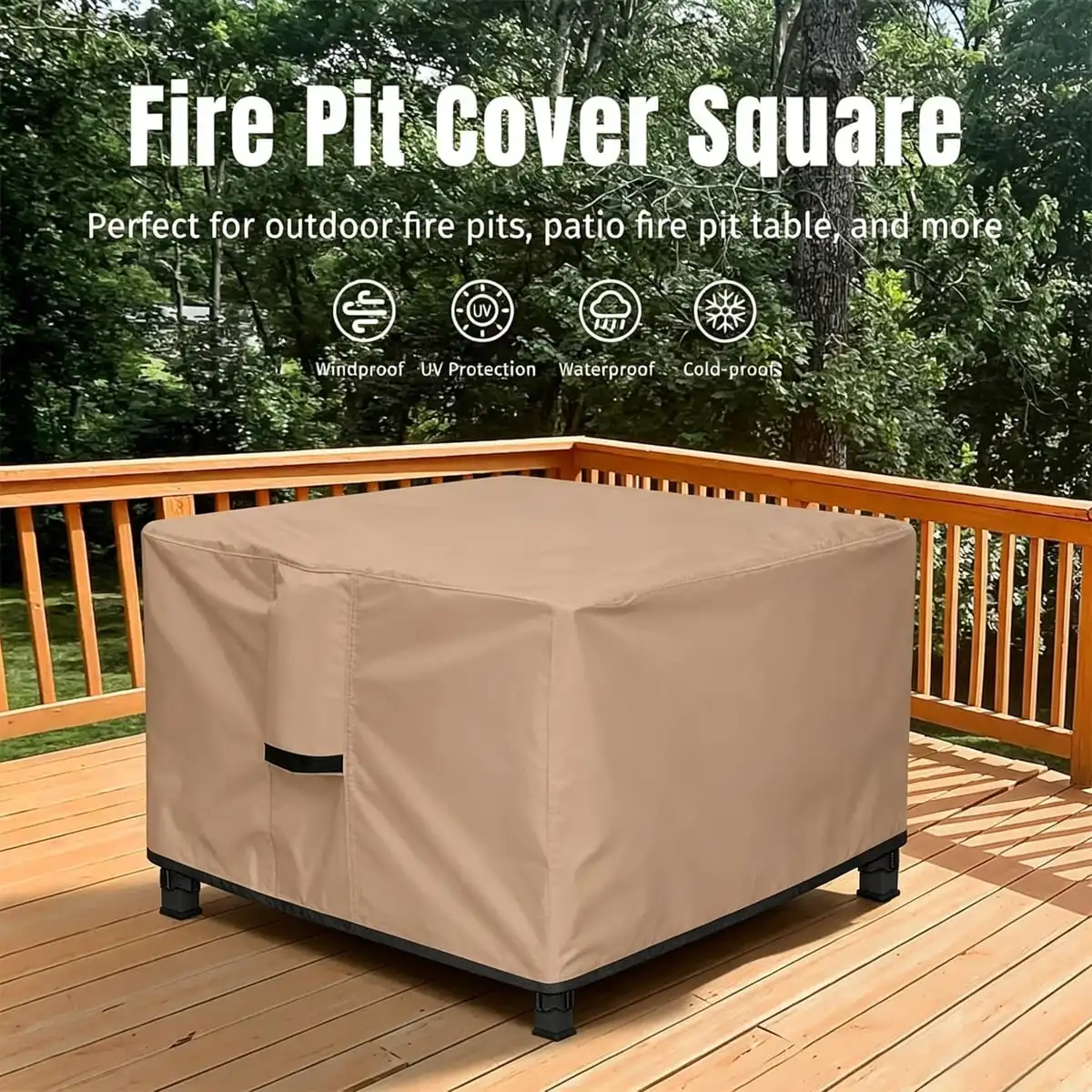 Square Fire Pit Table Cover, Heavy‑Duty Waterproof Outdoor Firepit Protector, UV‑Resistant Windproof Dust‑Proof Patio Square Fir