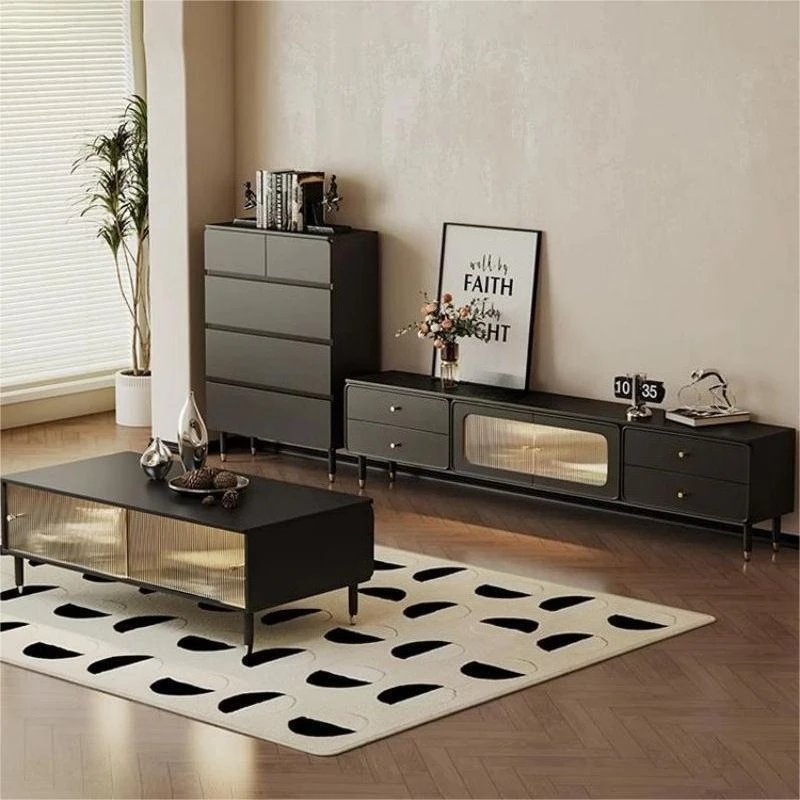 

Black TV cabinet coffee table combination set simple modern small apartment living room floor cabinet
