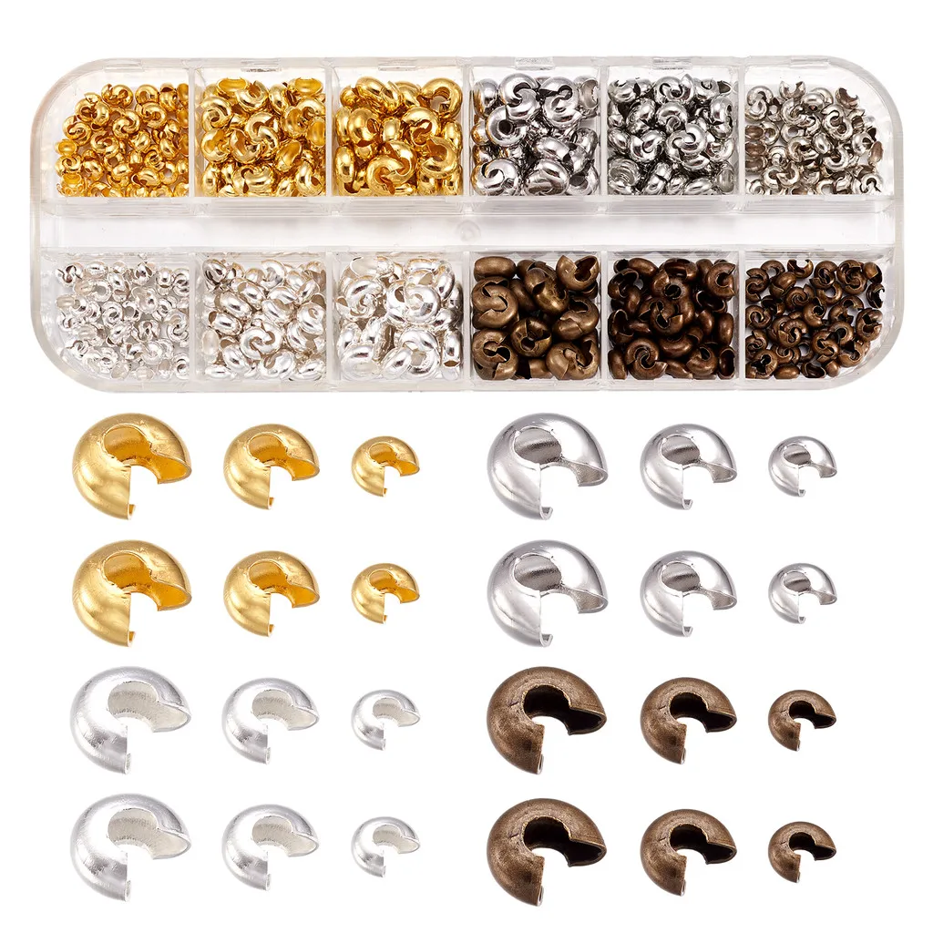 540pcs/set Mixed Color Brass Crimp Beads Covers for Bracelet Jewelry Making Supplies 3.2~5x2.2~4mm