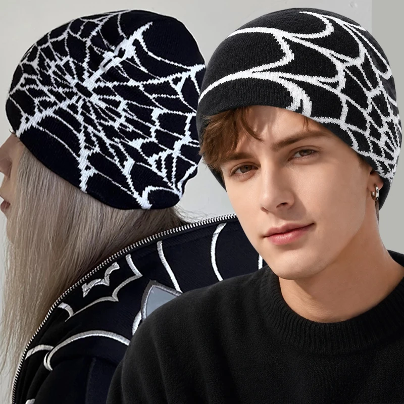 Autumn Winter Gothic Spider Webs Jacquard Beanies Women Men Y2K Thermal Knitted Warmer Hip Hop Caps Elastic Knitted Skull Hats