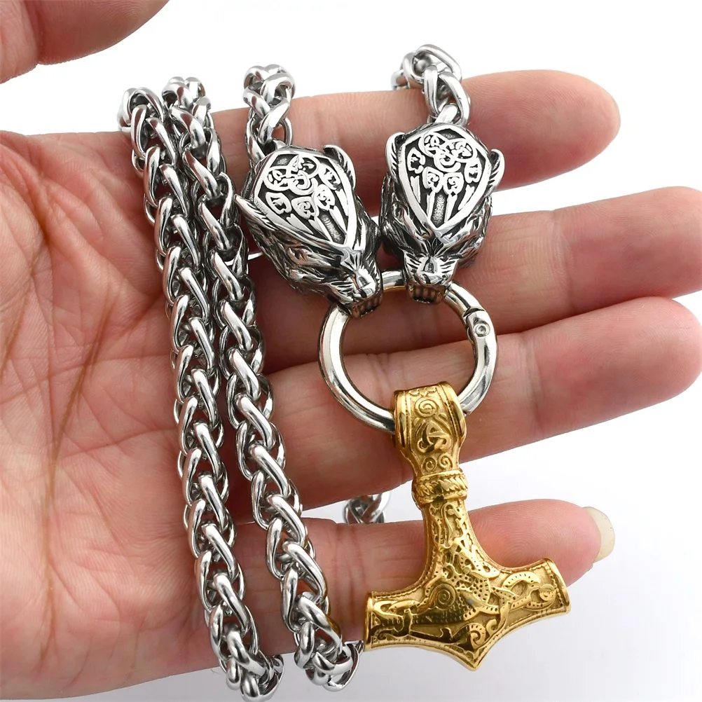 Stainless Steel Bear Head Keel Chain Necklace Nordic Gold Odin Thor's Hammer Pendant Viking Men's Jewelry