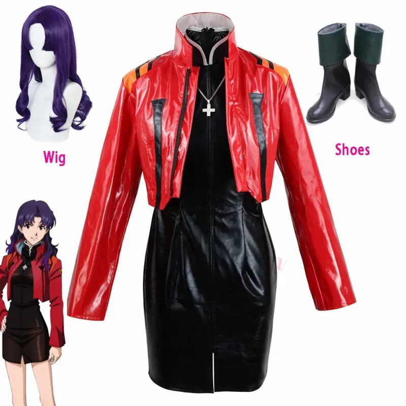 Disfraz de Anime Eva Katsuragi Misato, chaqueta, vestido Sexy, traje de mujer, peluca Katsuragi, botas, disfraz de Misato de talla grande
