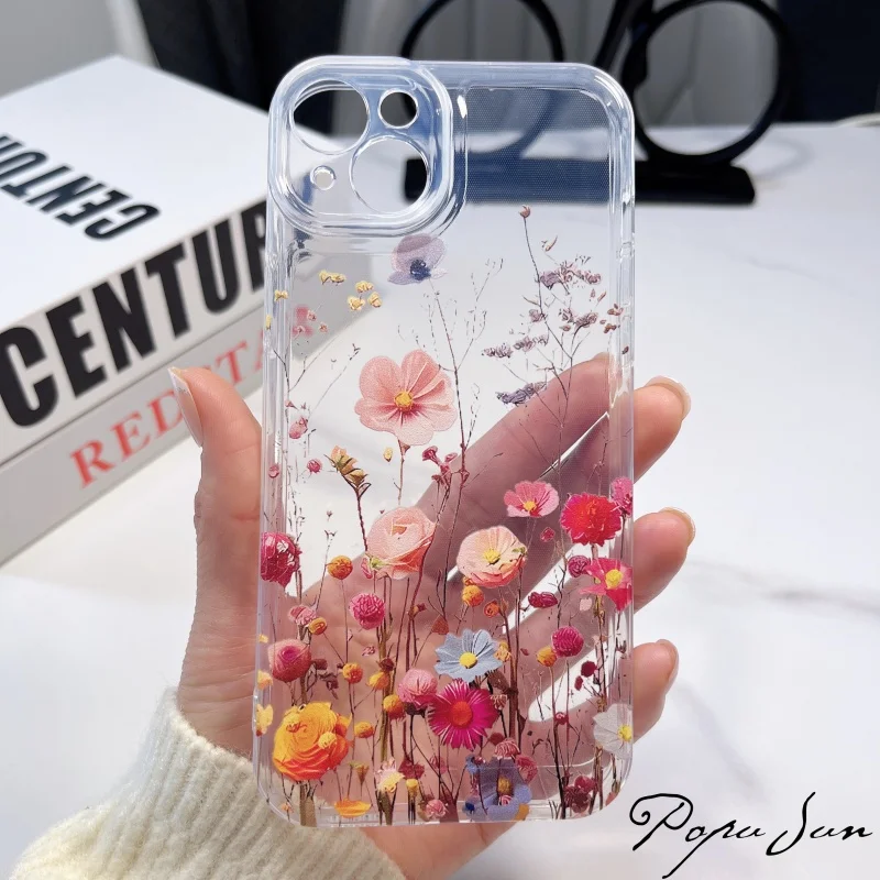 Transparent Flower Print Floral Phone Case For iPhone 16 15 14 13 11 Pro Max 14 Plus 12 Mini Cases Clear Back Cover Soft Funda image 4