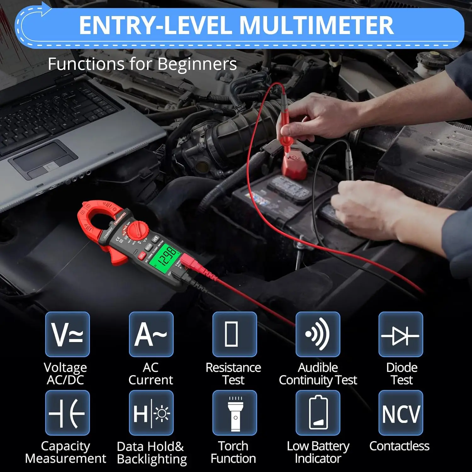 4000counts Digital Clamp Meter TRMS 600A DC/AC Current Voltage NCV Continuity Resistance Capacitance Temperature Diode Test