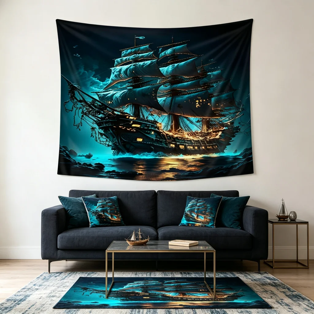 1PC Ghost Ship Ocean Night Print Backdrop Banner, Bedroom Living Room Photo Background, Polyester, Home Decor, Wall Art