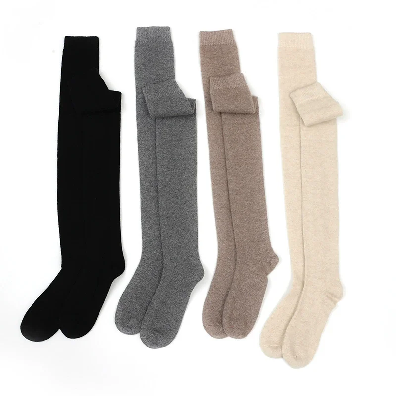 Goat Cashmere Knee-high Socks for Women 2025 Fall Winter Over-the-knee Stockings Solid Warm Girl College Slim Long Wool Socks