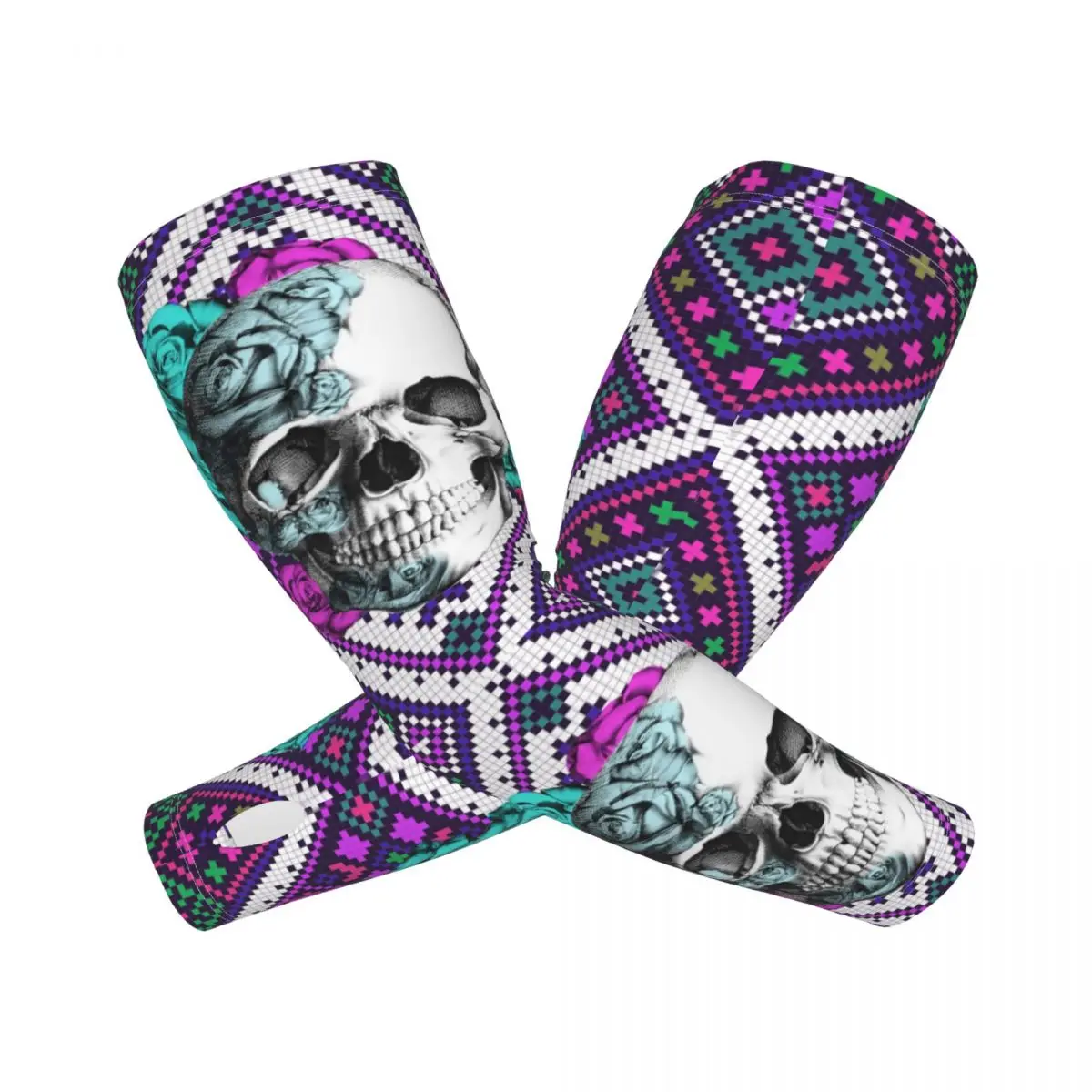 Aztec Rose Skull In Purple And Teal Arm Sleeves Warmer Women Men Day Of The Dead UV Sun Protection Tattoo Cover Up