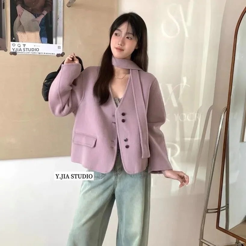 Fashionable Sweet Atmosphere High-End Feeling V-Neck Short Woolen Coat Autumn Winter Style Dongda Gate New Arrival Women's Ja...