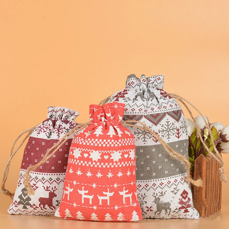 50pcs Wholesale Merry Christmas Linen Cloth Drawstring Bags 10*14cm, 13*18cm Small Storage Kids Pocket Pouches Party Favors