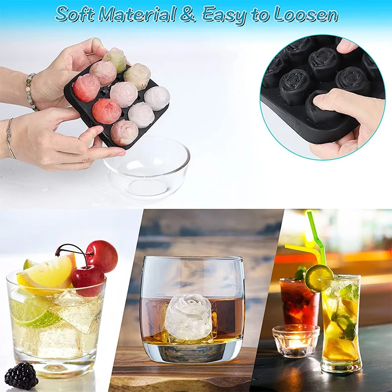 3D Rose Ice Molds 9 Hole Rose Shape Ice Cube Mold Whisky Beer Wine Cool Down Ice Maker Reusable Ice Cubes Tray Mold with Lid