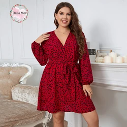 Della Mel Plus Size Women Clothing Elegant Mini Dresses Red Puff Sleeve V-Neck Casual Chic Speckled Floral Print Big Size Dress