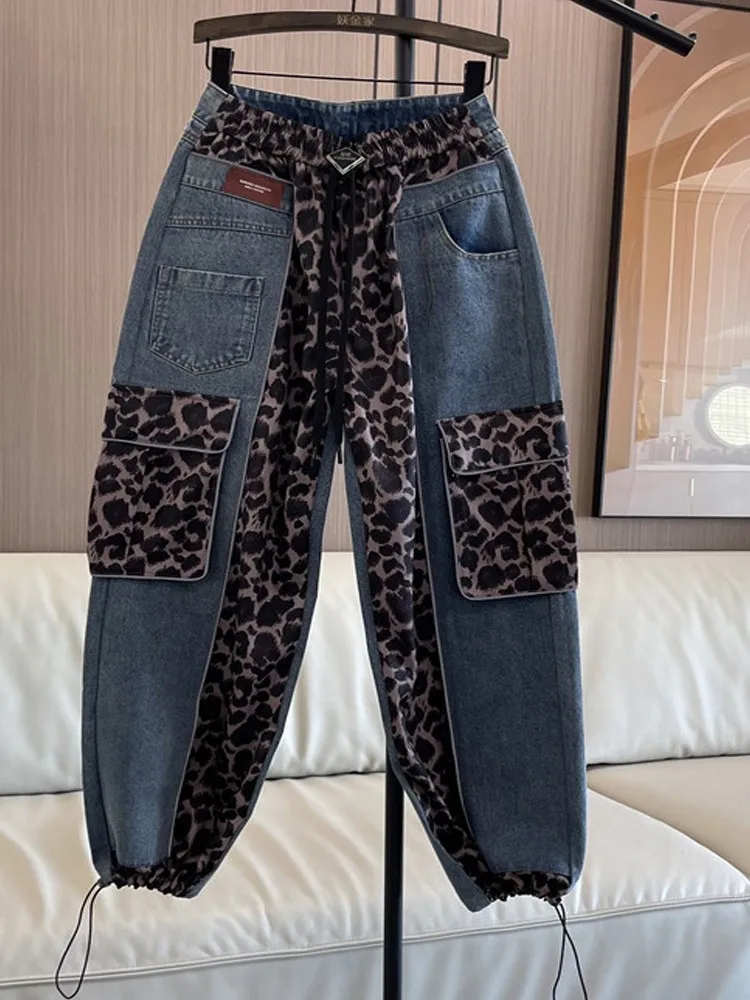 Women\'s Personalized Leopard Print Splicing Jeans Elastic Waist Patchwork Streetwear, Straight-Leg Trousers, Trendy Fashion, New