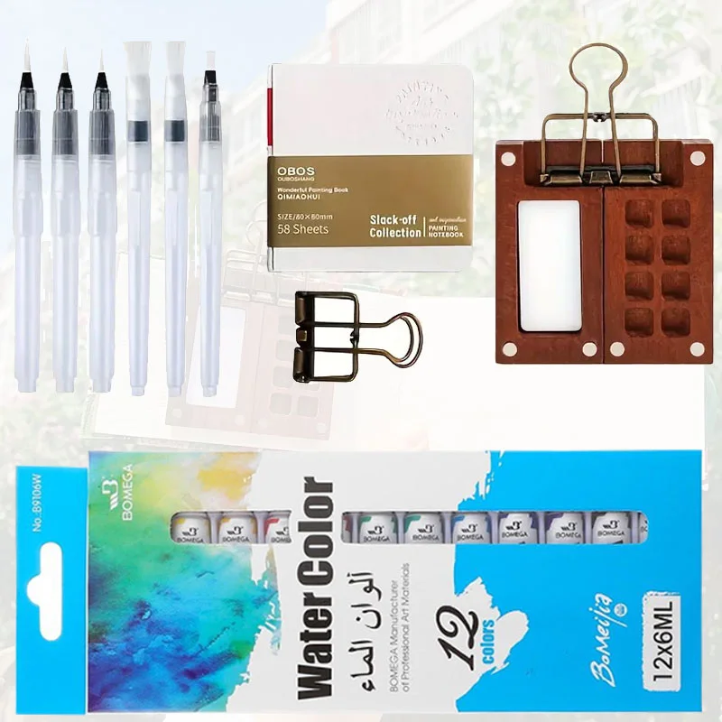 مجموعة لوحة ألوان مائية محمولة مكونة من 8 ألوان، صندوق طلاء صغير من خشب الجوز، لوحة ألوان مائية للسفر، كراسة الرسم للفنانين والطلاب