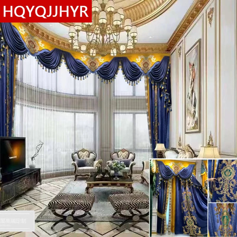 

American Blue Luxury Velvet Embroidered Villa Curtains for Living Room High-quality Splicing and Decoration Curtain for Bedroom