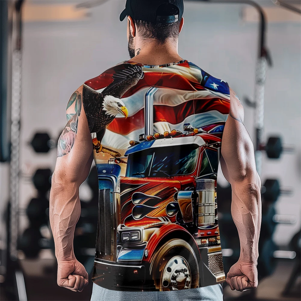 American Flag Condor Heavy Truck Print Gym Casual Tank Top Sleeveless Thin Train Vest Youth Men's Sports Fitness Vest