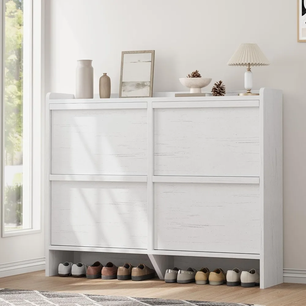 

4 Shoe Cabinet with Flip Drawers, Wooden Shoe Cabinet with Adjustable Shelf, Freestanding Shoe Organizer