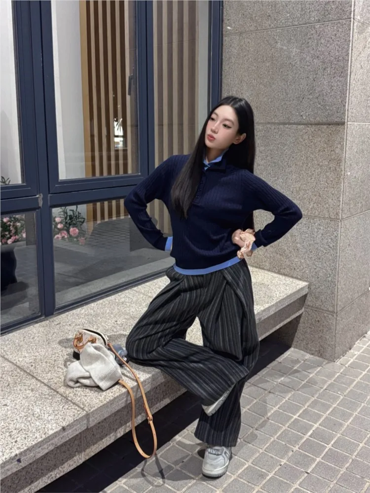 Retro American Niche Design Women's Casual Trousers Striped Contrast Color Pleated Loose Straight Wide Leg Casual Unisex Pants