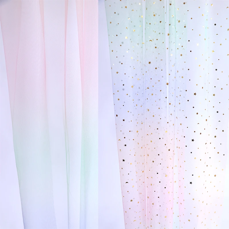 Star Moon Sequin Tulle Fabric Per Meter for Curtain Clothes Wedding Decoration Diy Sewing Gauze Cloth Gradient Plain Soft Pink