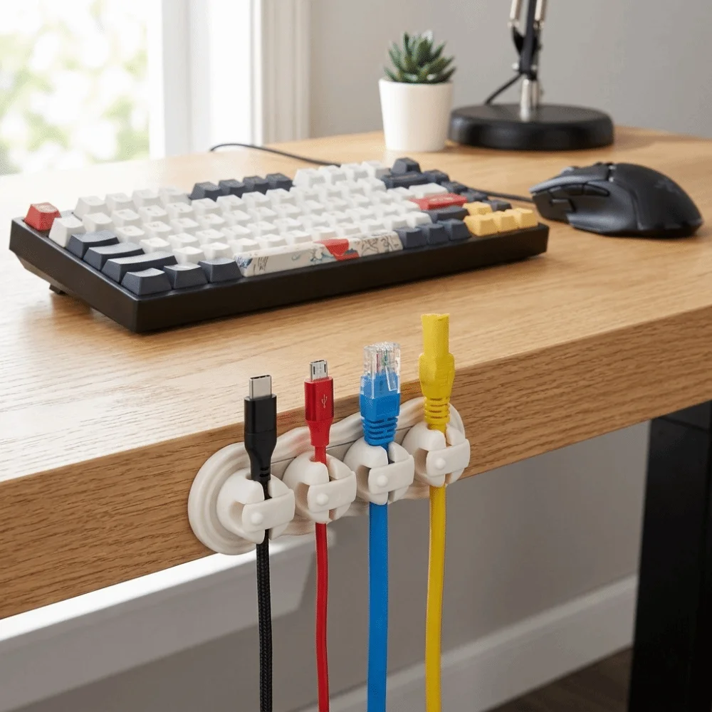 Self-Adhesive Multi Cord Holder Built-in Magnet Solid Smooth Plastic Wire Management Clips Slim Lightweight Reserved Wire Slots