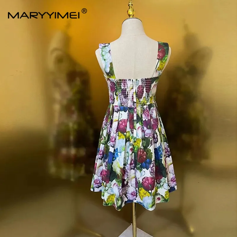 MARYYIMEI New 2024 100% Cotton Dress High Quality Strapless Flower Sicily Floral-Print Fashion Runway Women Dresses