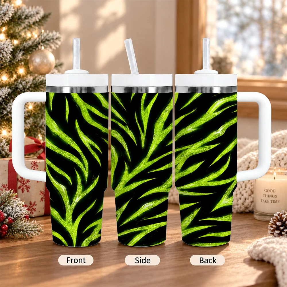 Green Glitter Zebra Pattern 40oz Tumbler with Handle Straw Stainless Steel Insulated Travel Mug Water Cup Gift Vacuum Flasks