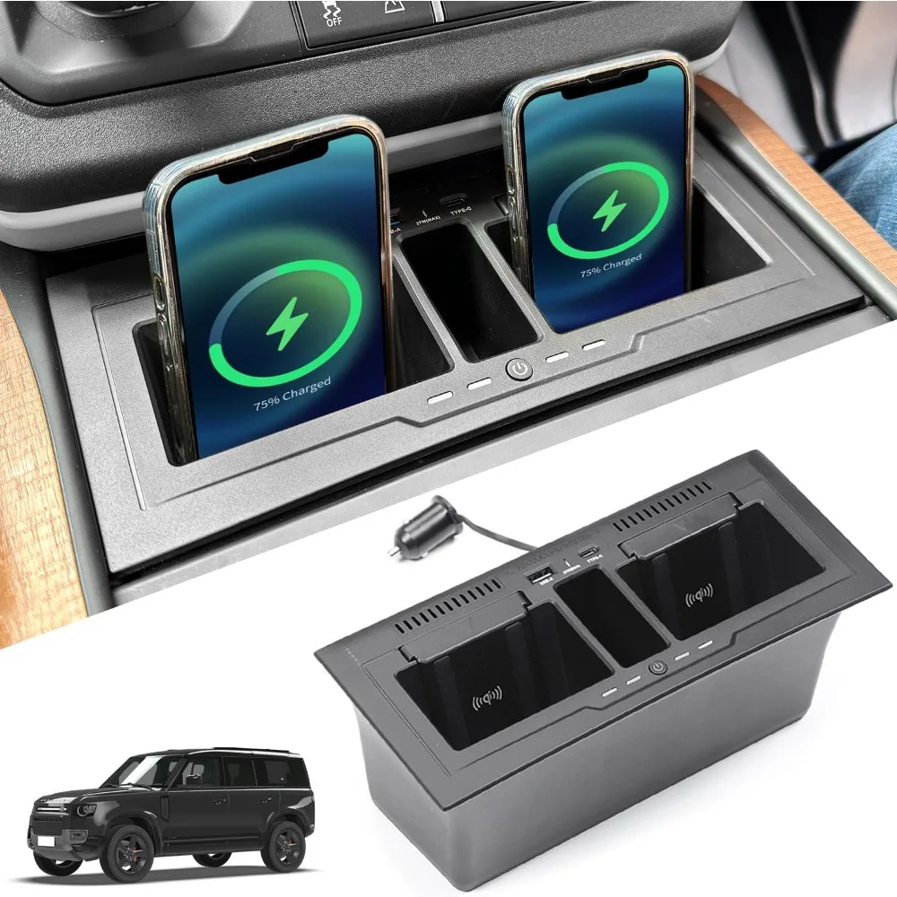

car charger for 20-24 Land Rover Defender 90 110 130 15W dual wireless fast charging smartphone charger tray with 27W USB Type-C