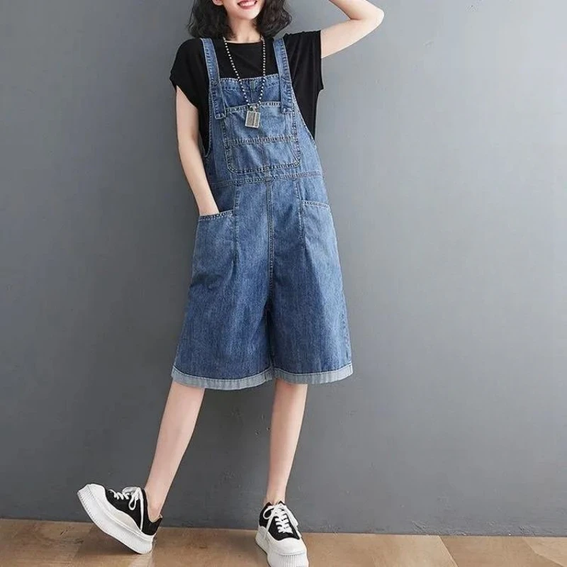 Celana pendek Denim musim panas, jumpsuit Romper kaki lebar kasual saku longgar wanita Korea, celana Suspender tanpa lengan