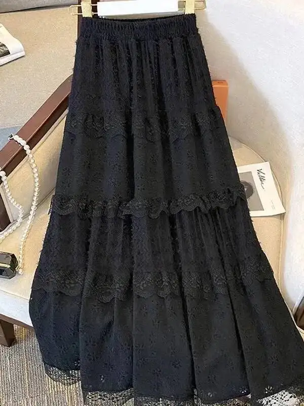 レーススカート女性フレンチスタイル足首までの長さの高弾性ウエスト中空アウトパッチワーク新しいルーズスリム韓国スタイル A ライン甘い OP8