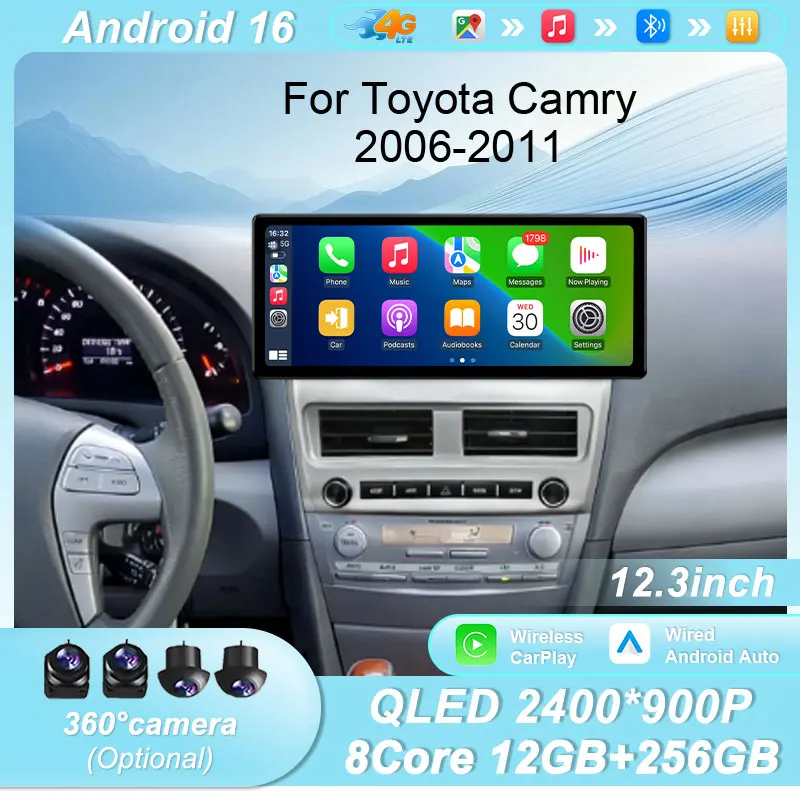 12.3Inch Android 16 Car Radio for Toyota Camry 2006-2011 Wireless CarPlay Auto GPS Bluetooth WiFi DSP IPS Touch Screen Autoradio