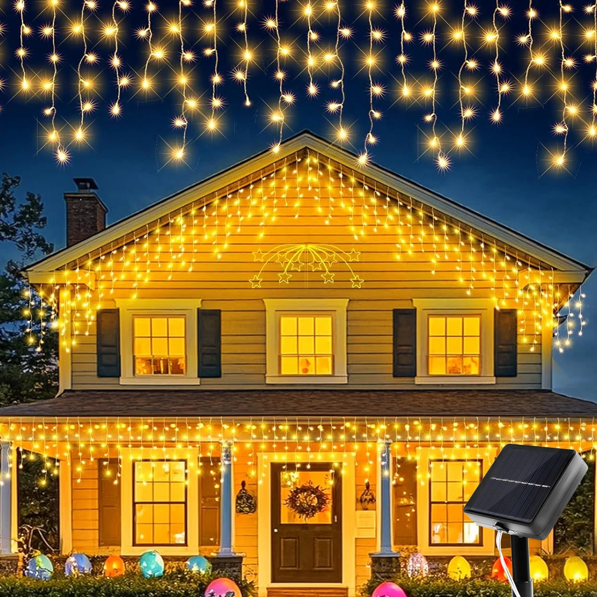 Solar Curtain Icicle Lights Outdoor Eaves Decoration Lights 8 Lighting Modes Wedding Living Room Party Garden Fairy Light String