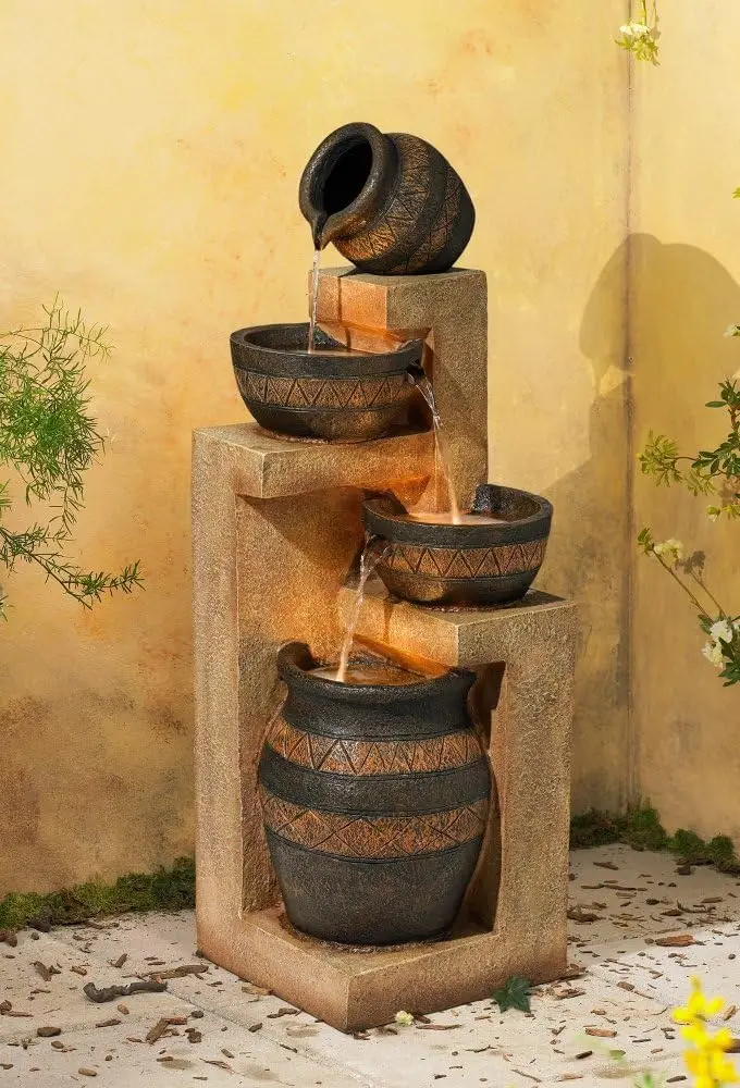 

Stoneware Bowl and Jar Rustic Outdoor Floor Water Fountain with LED Light Cascading for Garden Patio Backyard Deck Home