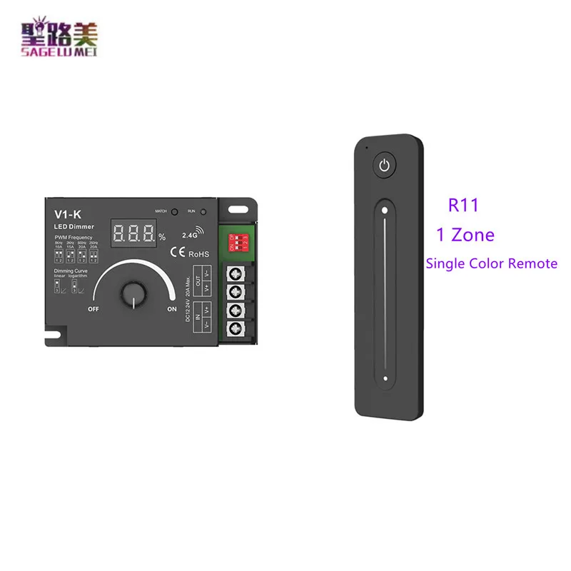 V1-K 20A 1CH Rotary Knob LED Dimmer DC12-24V R11 2.4G RF Touch Remote Controller EV1 1CH*8A Power Repeater for LED Strip Light