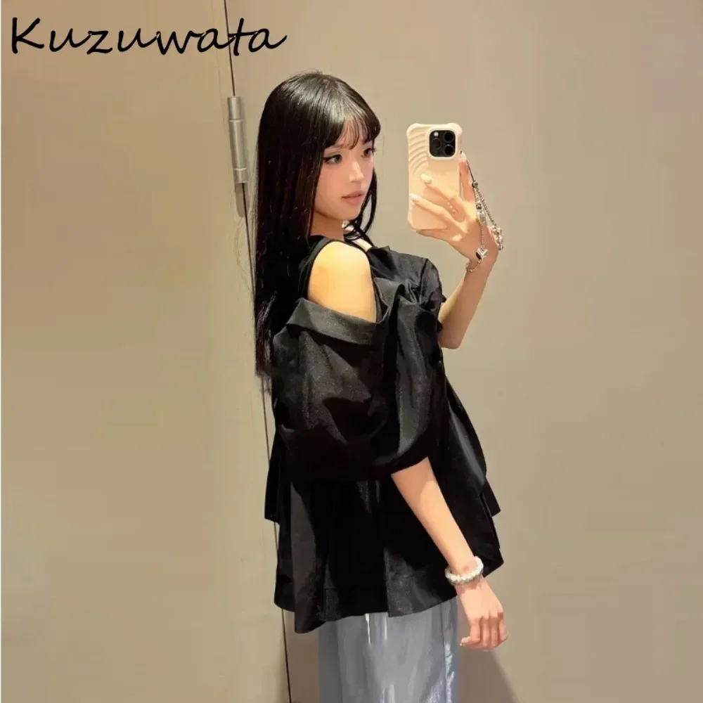 Kuzuwata Mesh Autumn O Neck Garment Sleeves Bow Shirt Patchwork Mujer Off Shoulder Casual Blusas Japanese Sweet Fresh Blouses